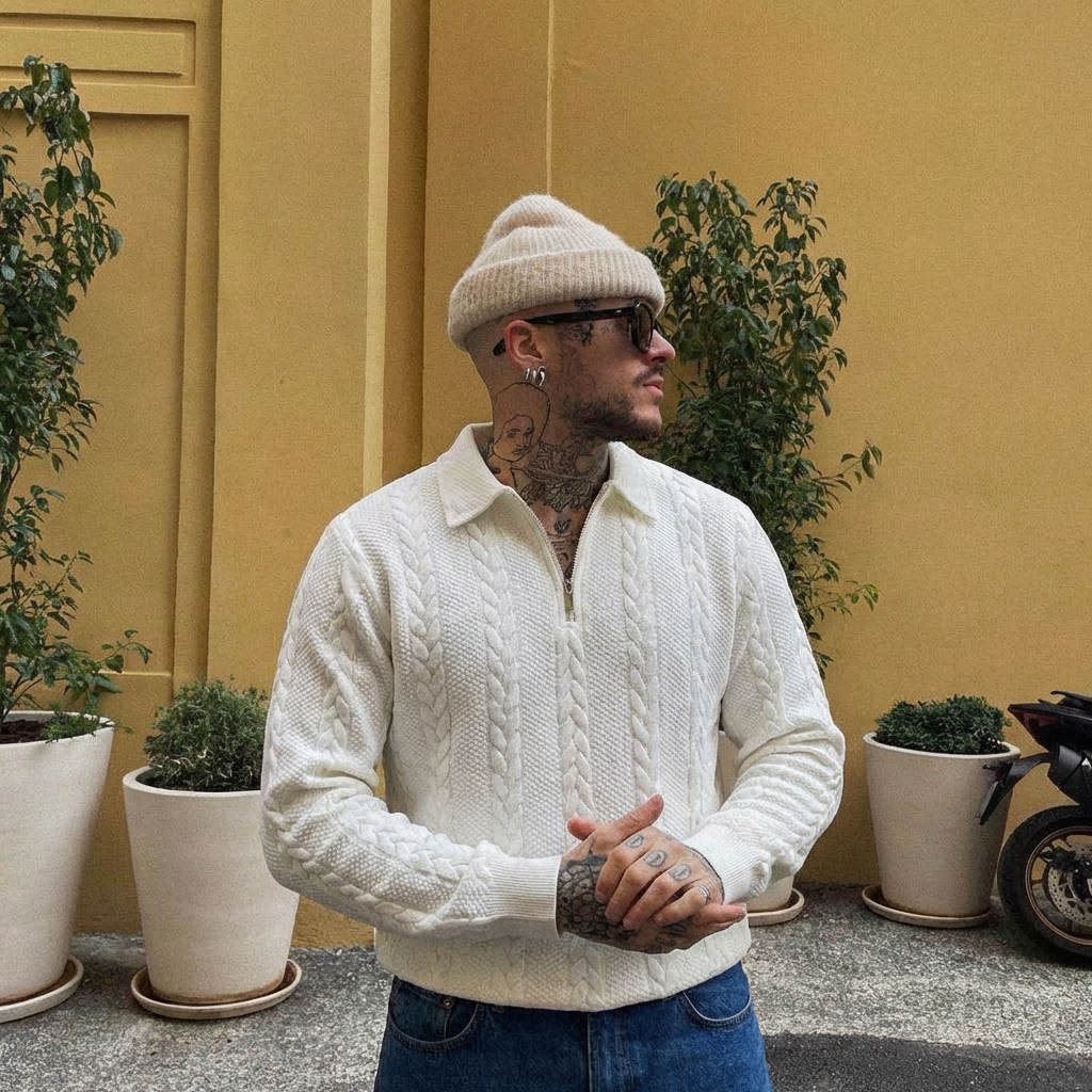 Men's Spring Outfits Knitted Polo Neck Long Sleeve Sweatsh