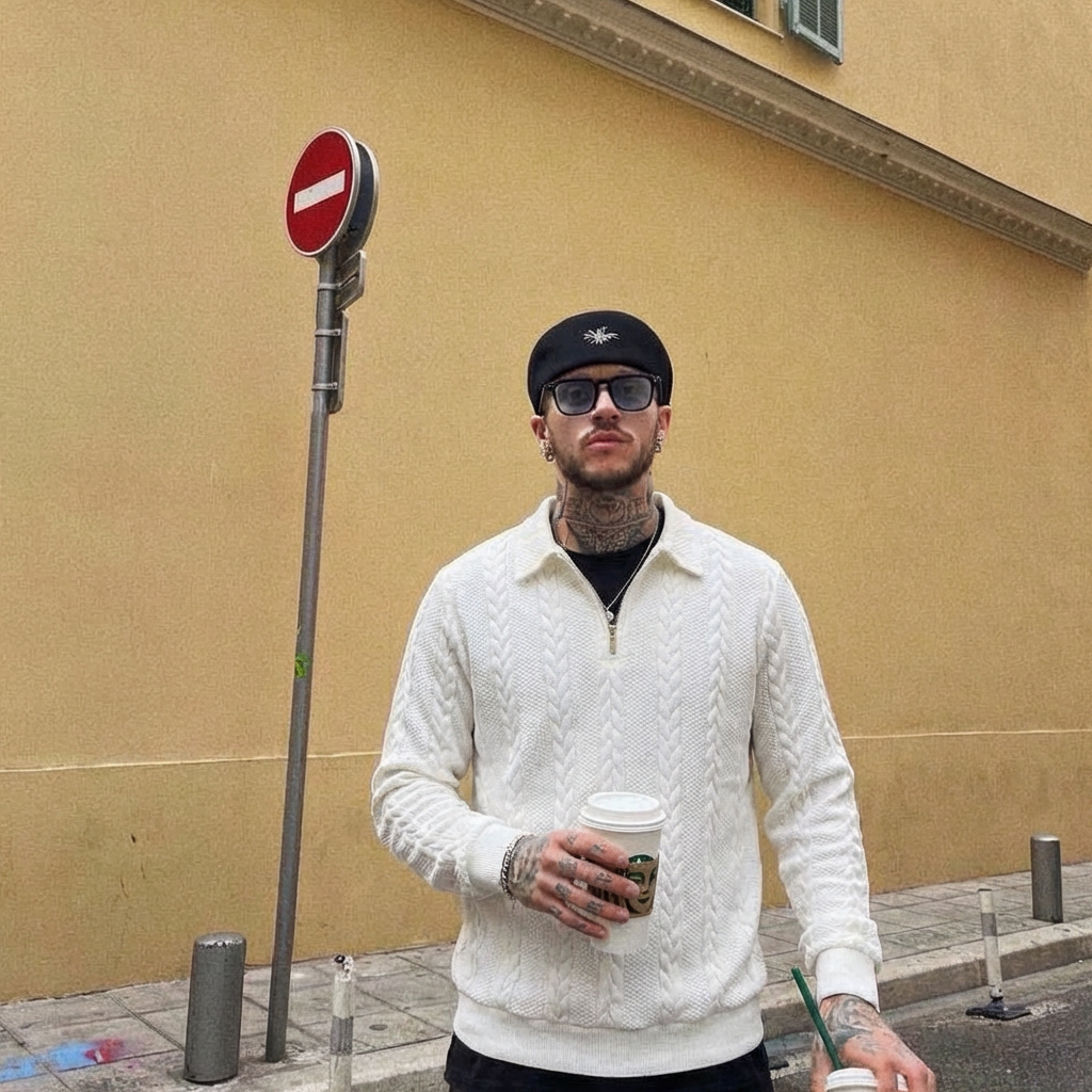 Men's Spring Outfits Knitted Polo Neck Long Sleeve Sweatsh